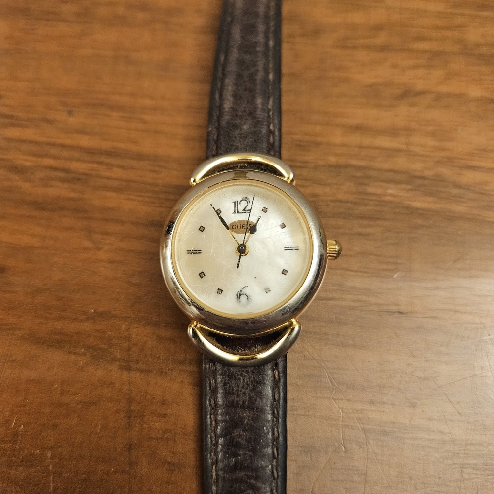 Vintage Guess Watch Womens Gold Tone Mother Of Pearl Dial Needs New Battery